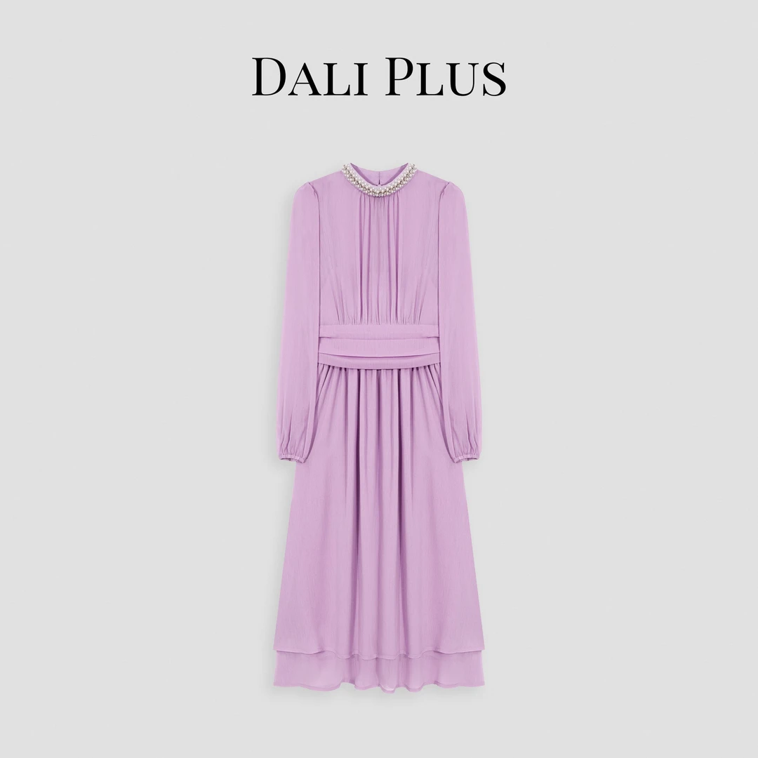 DALI PLUS设计感法式珍珠钉钻领收腰气质名媛千金连衣裙-D5DD1005