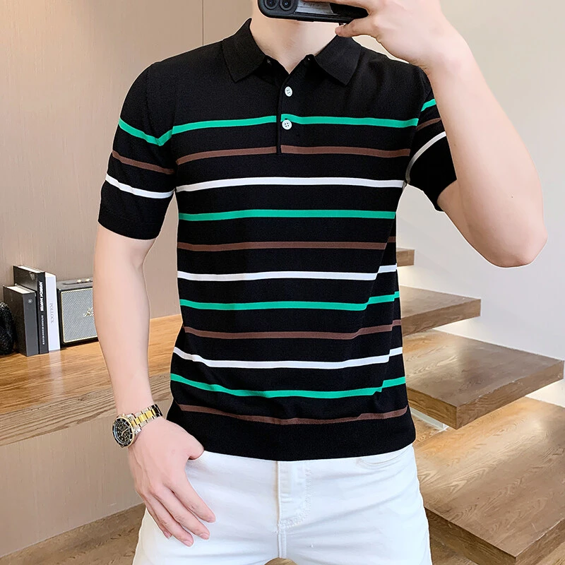 高档冰丝POLO衫男士翻领短袖夏季新款时尚条纹百搭潮流男休闲上衣