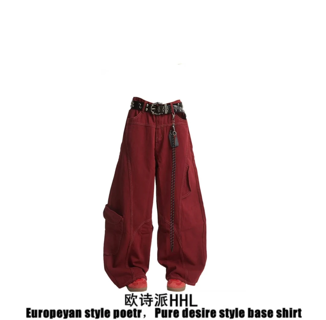 红色裤子牛仔裤女2025春秋新款国潮解构弯刀设计感宽松拖地裤bf潮