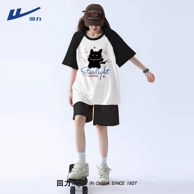 回力休闲运动套装女装夏季2025新款初中生休闲爆款短袖短裤两件装