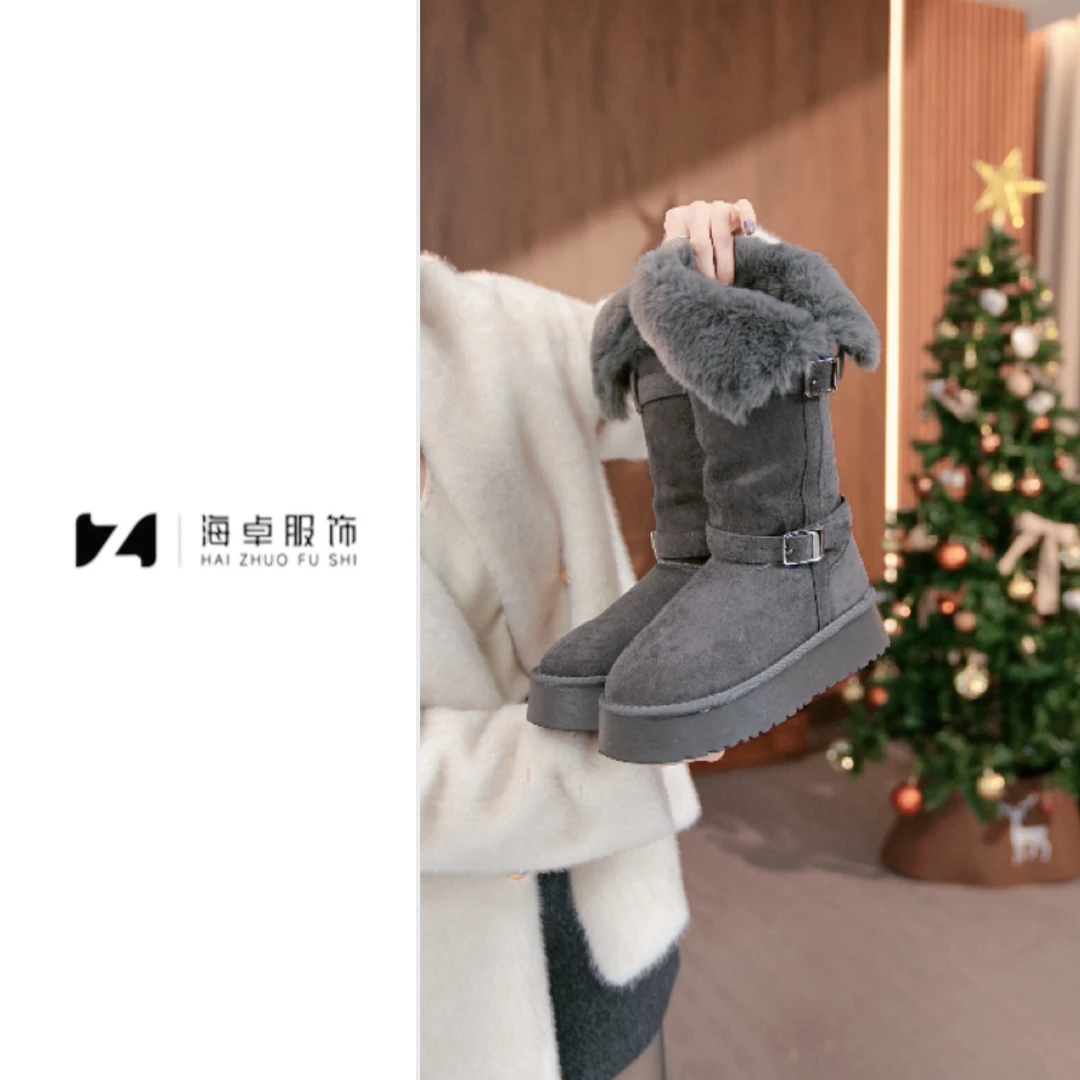 海卓～2024冬季新款高筒雪地靴女厚底加绒加厚北方灰色棉鞋冬