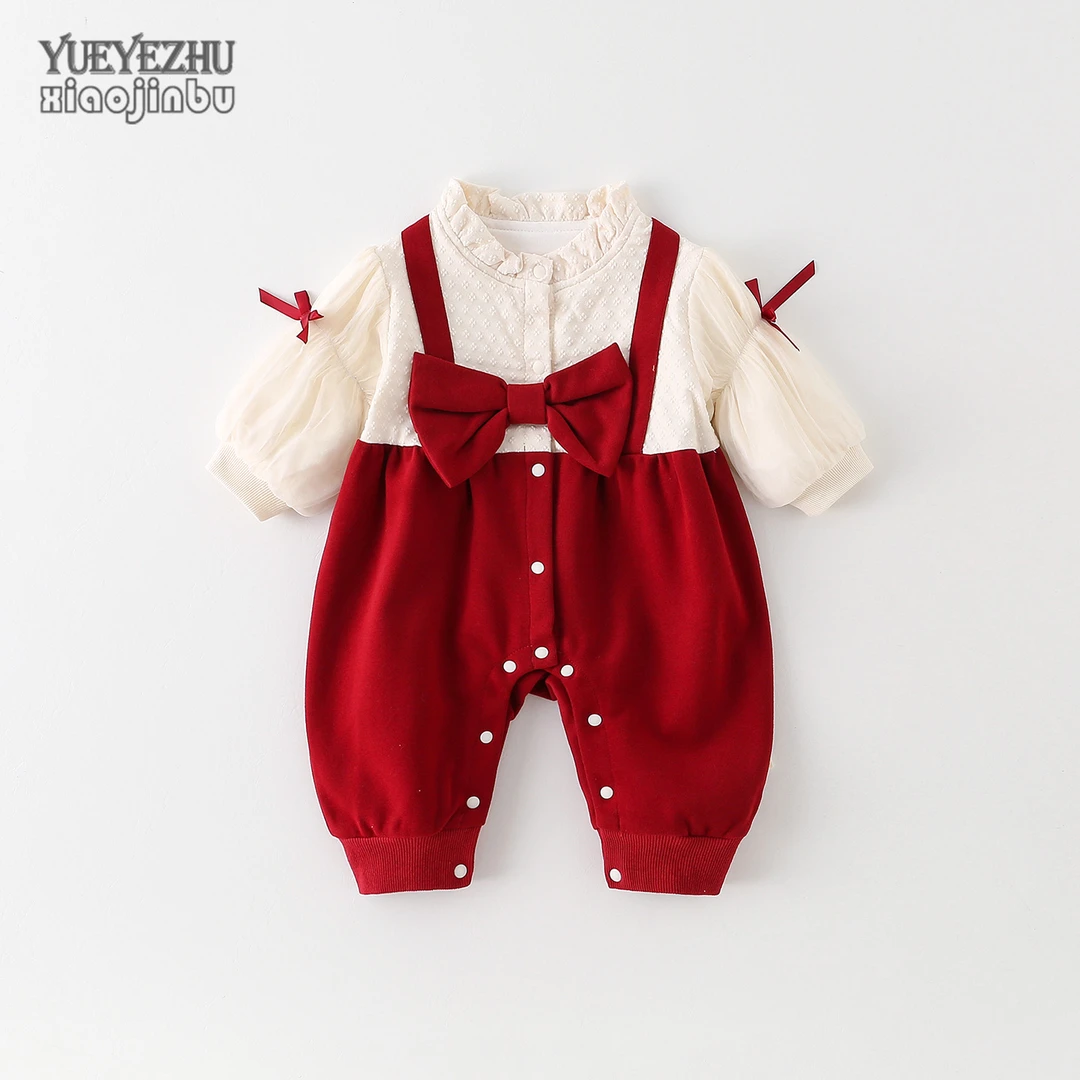 百天婴儿衣服春秋女宝宝公主风连体衣秋装洋气泡泡袖哈衣外出满月