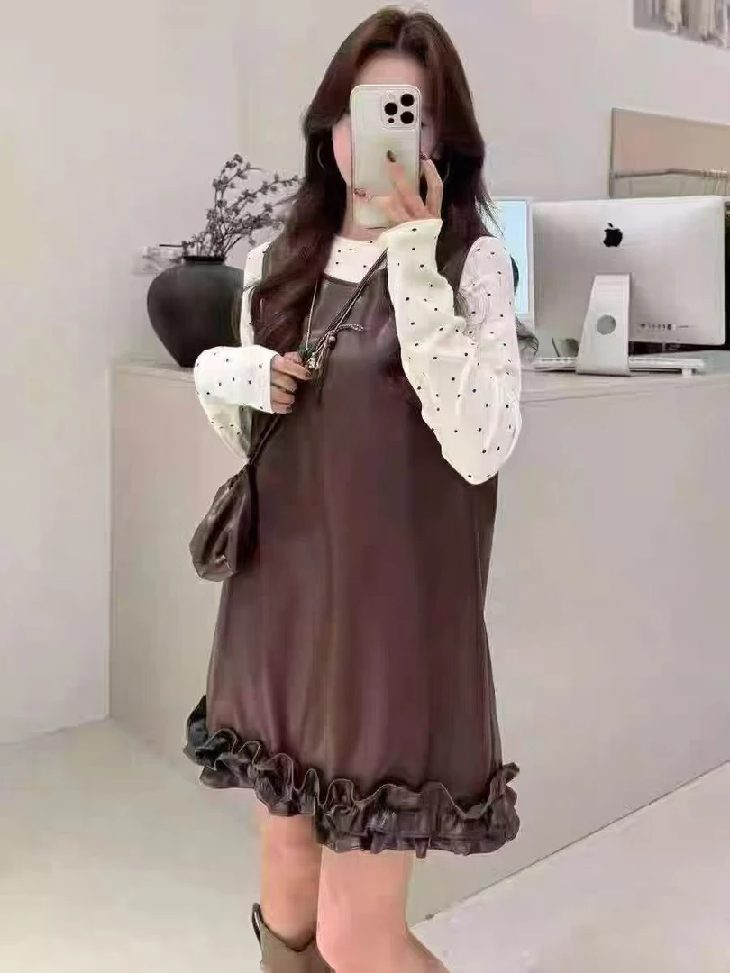 2025时尚老钱风百搭PU洋气马甲裙百搭波点打底两件套8910