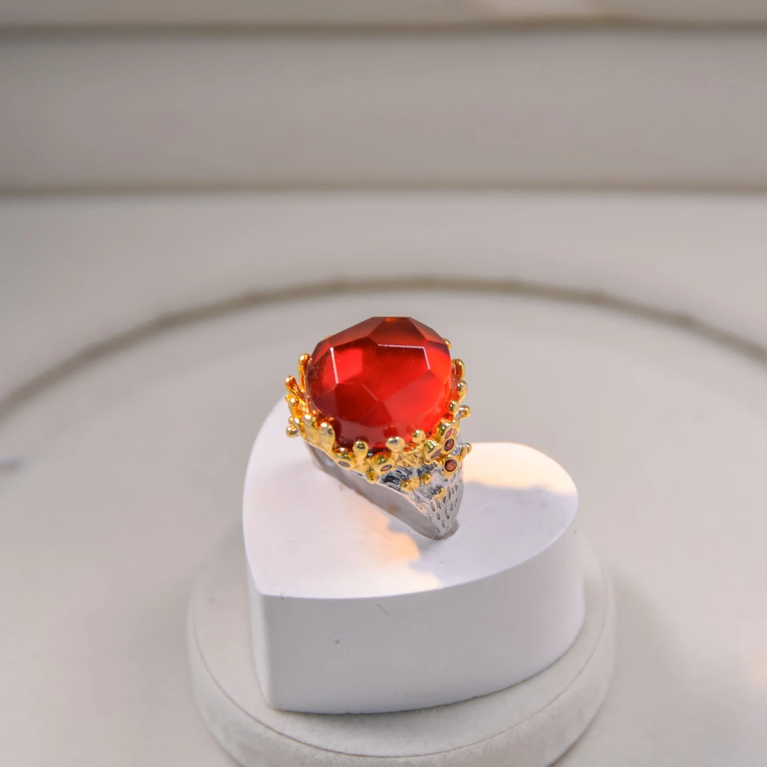 苏芳珠宝-天然缅甸琥珀钻切面戒指手工气质轻奢复古可调节戒指