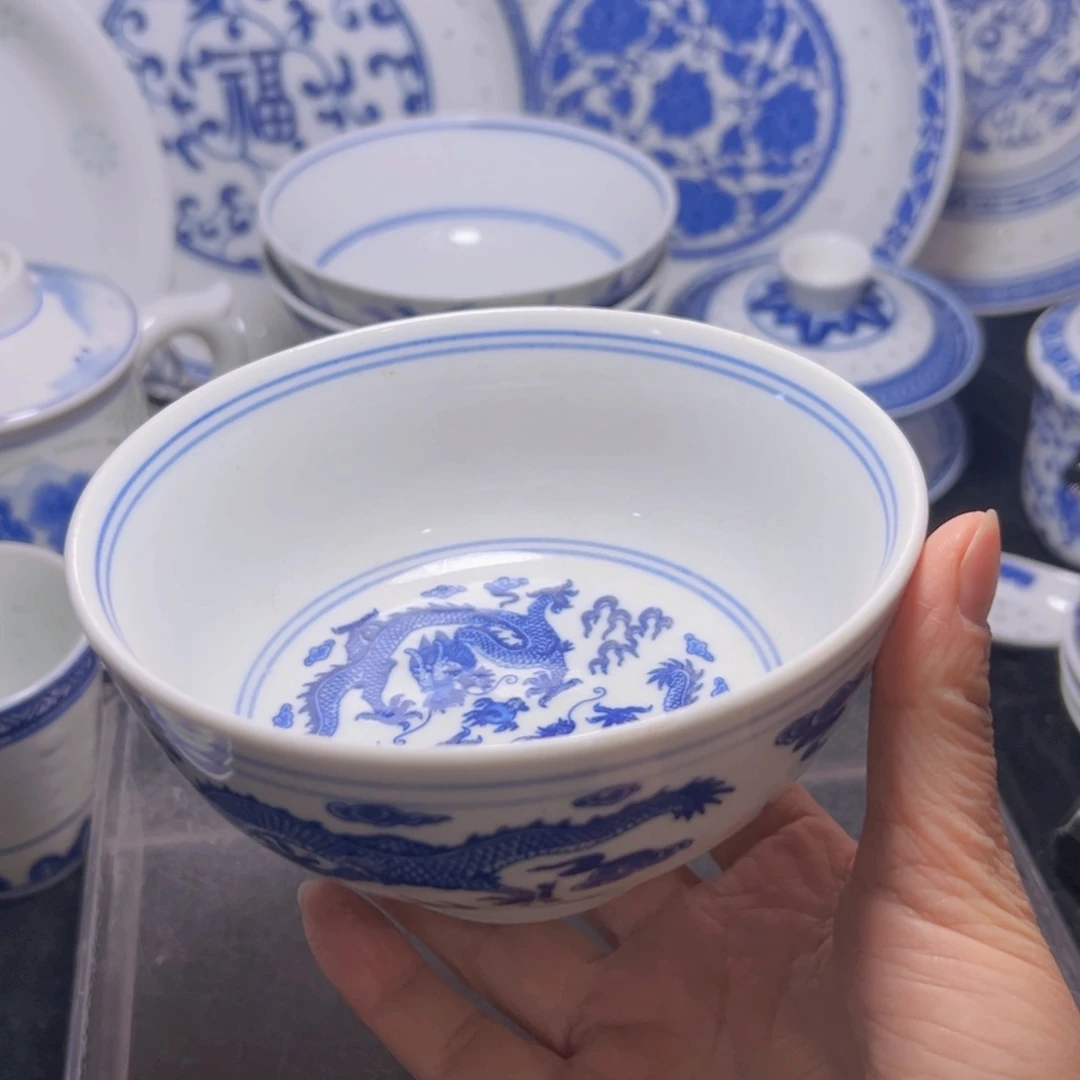 碗青花5寸双龙戏珠饭碗