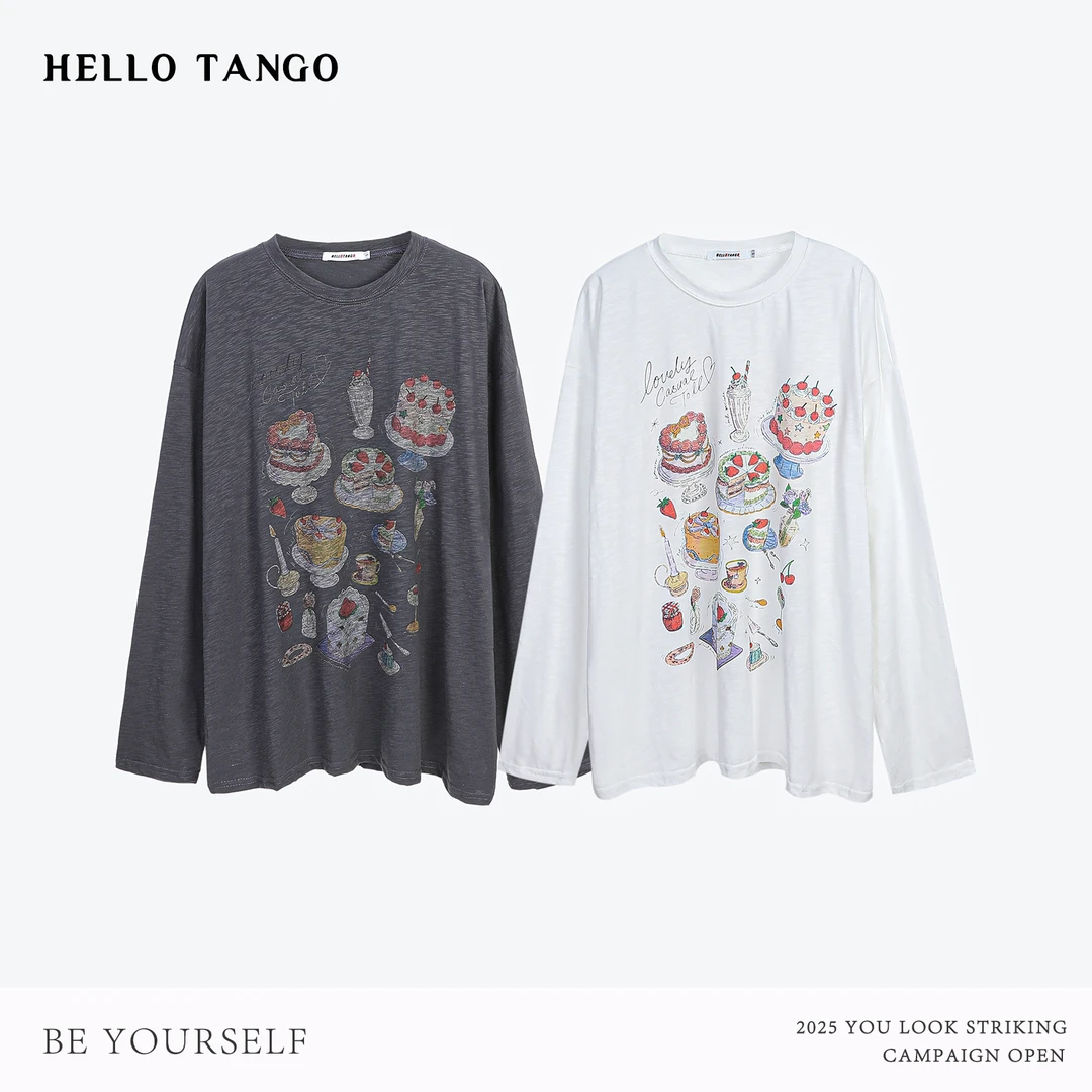 HELLOTANGO《甜蜜烘焙屋》秋冬韩系少女风减龄印花长袖T恤55921#