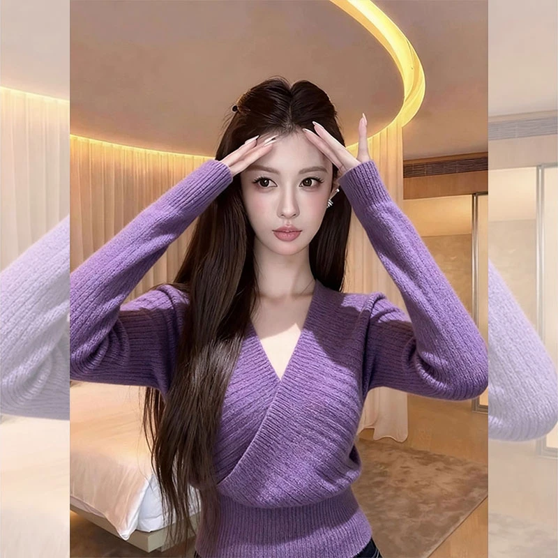 秋冬新款设计感v领针织衫毛衣女时尚百搭女装高级感名媛风打底衫