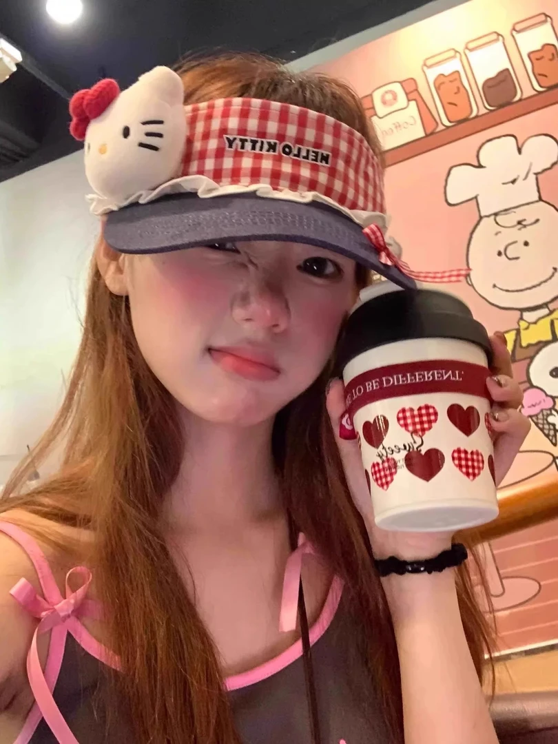 可爱格纹Kitty猫空顶防晒帽女夏季户外出游显脸小遮阳帽太阳帽子