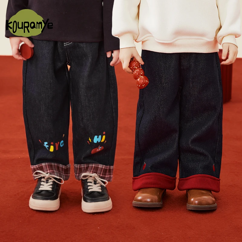 酷娃米儿童年款上新中小男女童时尚百搭舒适刺绣原色牛仔裤70380