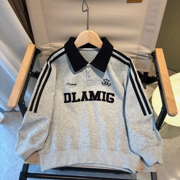 男童翻领长袖秋季字母刺绣卫衣秋款美式复古polo领宽松上衣刺绣女