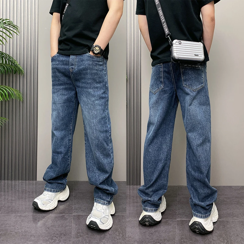 美式休闲泼墨宽松直筒哈伦水洗牛仔裤潮男秋季痞帅宽松弯刀拖地裤
