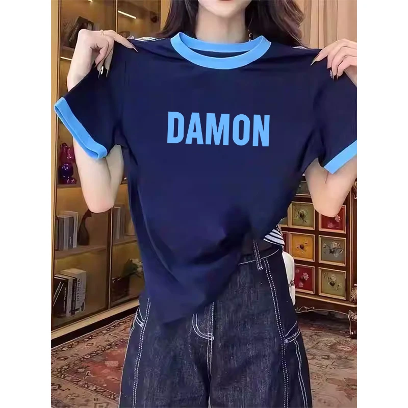 2025新款正肩纯棉彩色领口拼接撞色t恤短袖小众设计感上衣女夏季