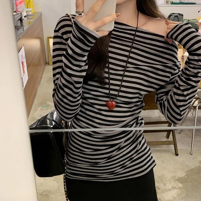 莱赛尔天丝羊毛斜肩内搭打底衫女2025春冬季露肩条纹长袖T恤上衣