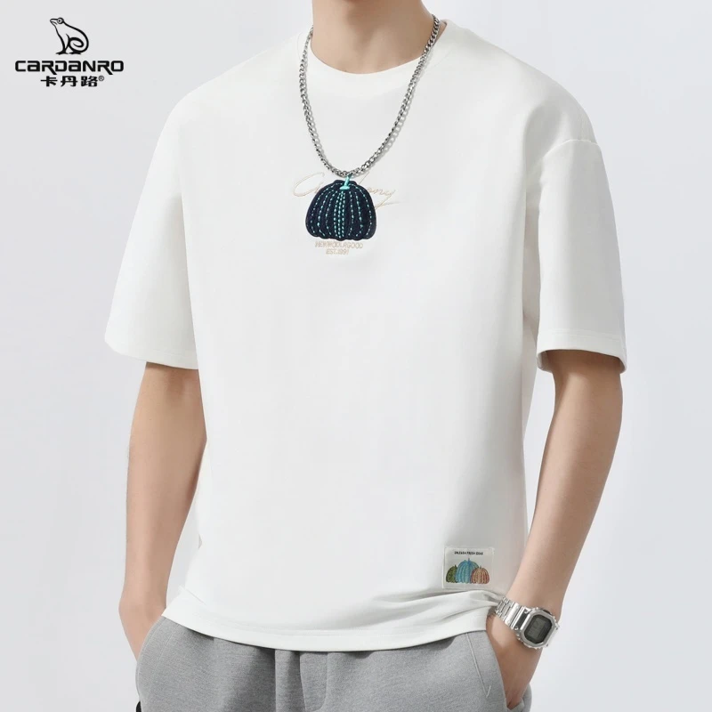 卡丹路Cardanro/夏季新款潮流重磅简约刺绣圆领男百搭宽松短t桖