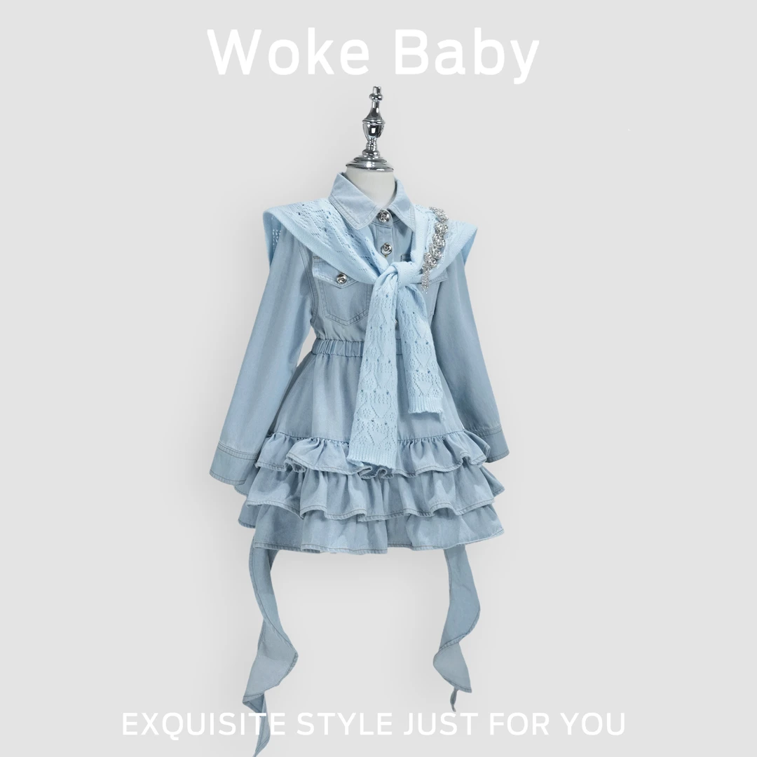 现货【爱琴海】女童秋季时尚翻领牛仔裙荷叶边蓬蓬蛋糕裙汉服A5924