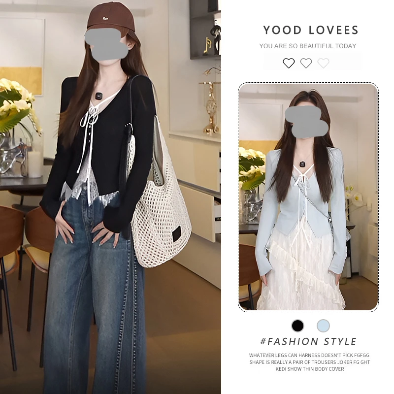 辣妹气质假两件v领长袖T恤开衫女春秋纯带休闲拼接修身显瘦上衣