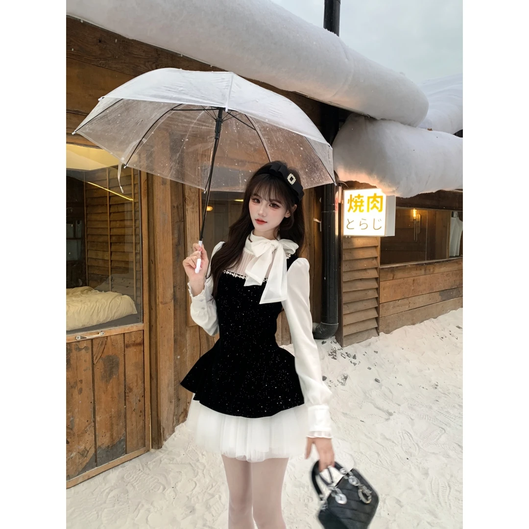 越韩小鱼 星夜芭蕾 假两件法式千金重工水钻网纱拼丝绒连衣裙套装