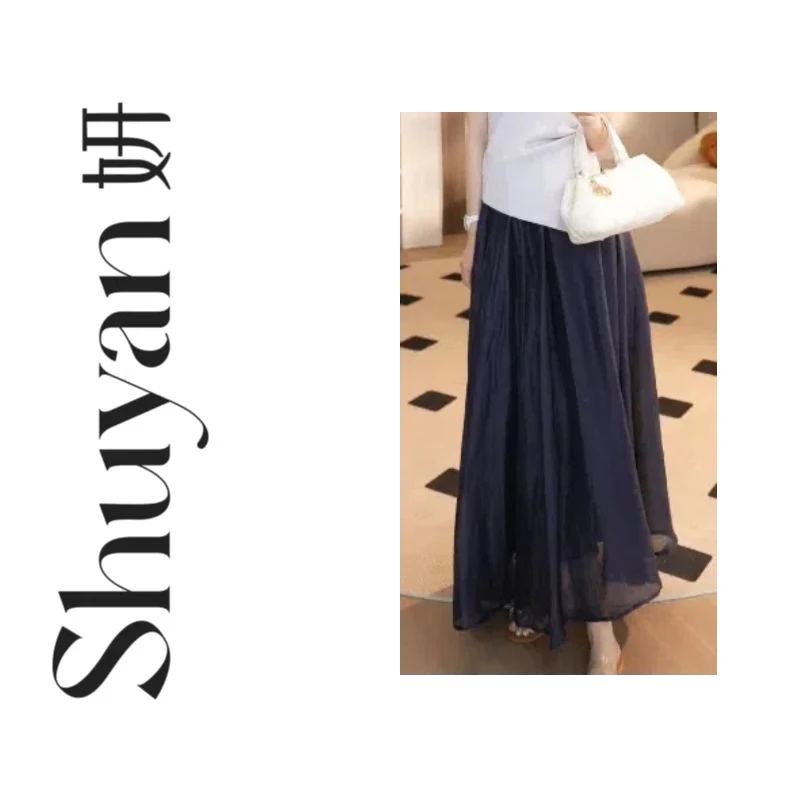 Shuyan妍【丝麻裙】天丝亚麻缎面光泽感气质中长百褶半身裙B0088