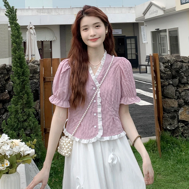 慕兔法式甜美V领荷叶边别致衬衫女2024夏季新款小清新设计感上衣