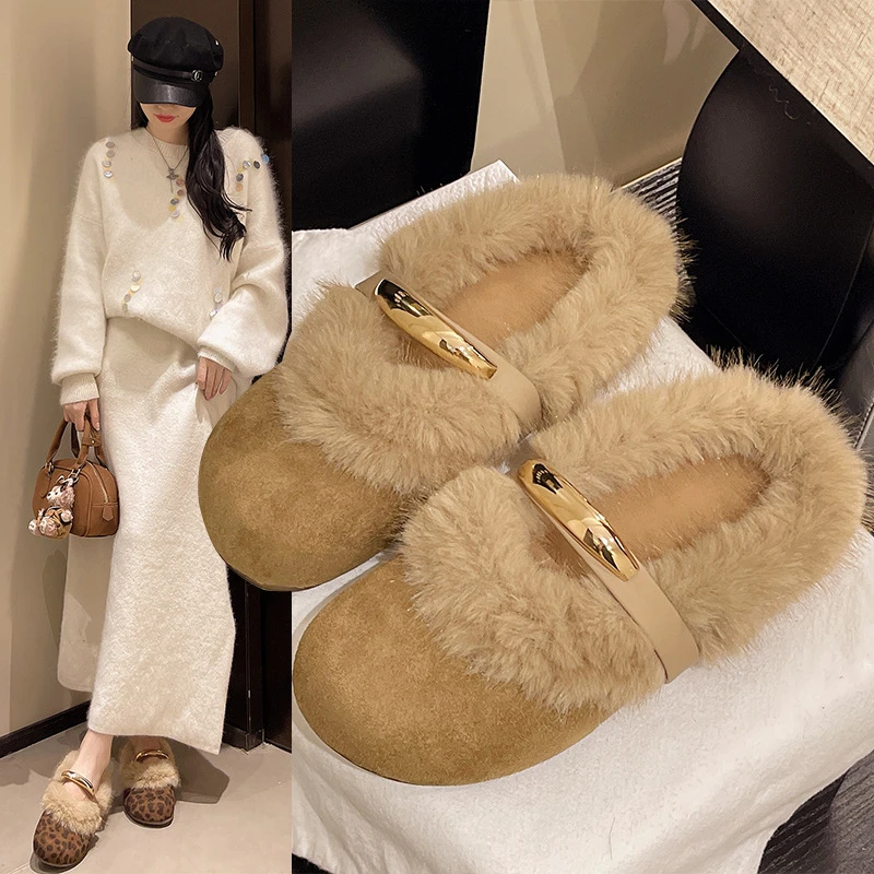 小香风毛毛鞋女平底包头棉拖鞋秋冬外穿设计感软底玛丽珍加绒单鞋