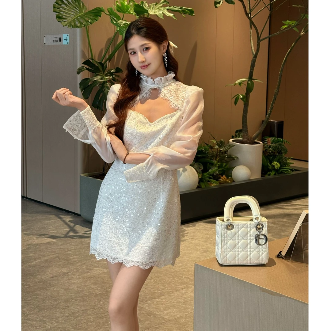 AEM-Y高腰短裙纯色长袖A字裙连衣裙宴会长款婚礼优雅CM640011