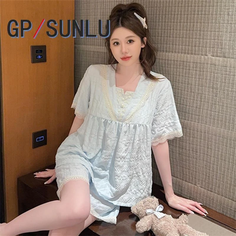 日本小众GP夏季睡衣女棉质带胸垫蓝色花边短袖短裤可外穿大码家居