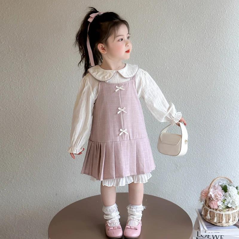 女宝春款套装2025新款女童中小童miu风娃娃领衬衫背心裙两件套甜