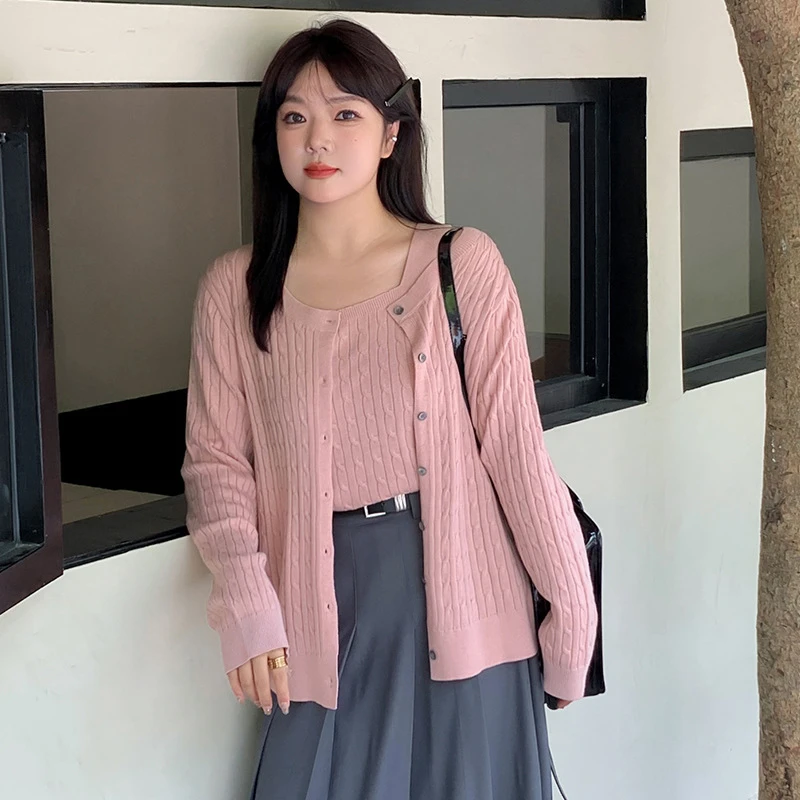 大码女装针织套装2024秋款胖mm纹理感开衫女内搭吊带两件套22613