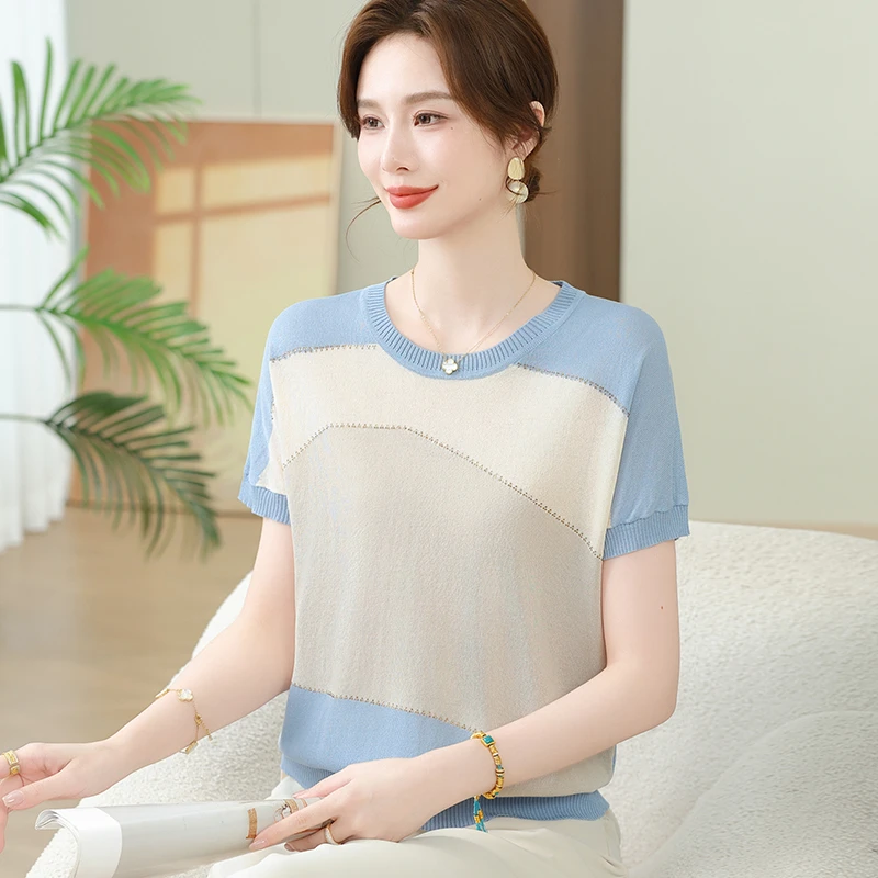 时尚妈妈夏装拼色短袖上衣2025新款中老年女夏季洋气冰丝休闲T恤