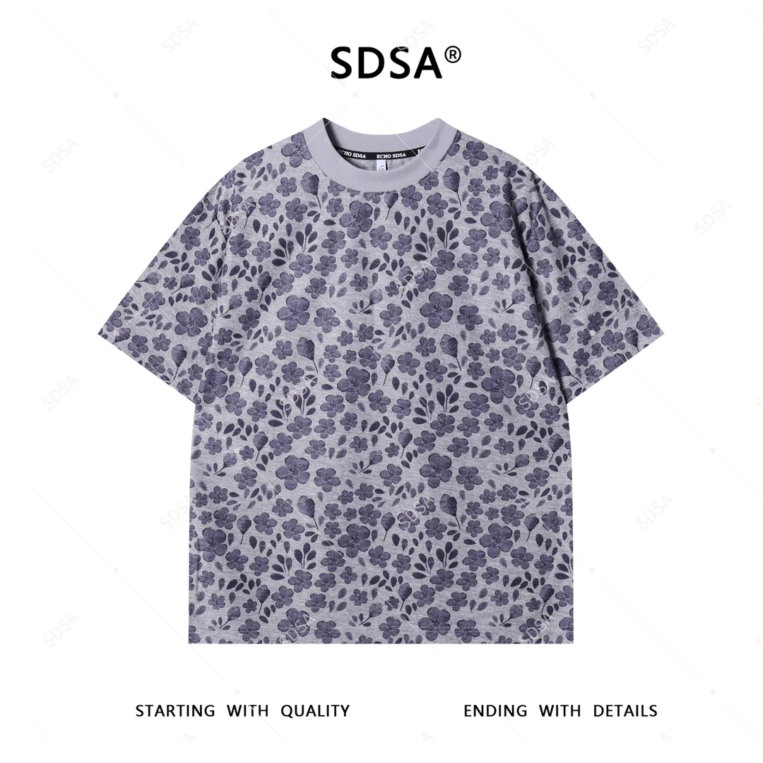 SDSA男士短袖t恤2025新款轻痞帅男装满印花朵圆领上衣慵懒风百搭