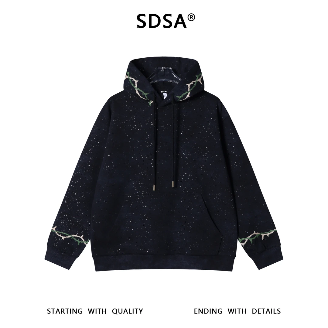 SDSA男士秋冬新款痞帅男装潮牌满天星撞色刺绣抽绳连帽卫衣宽松潮