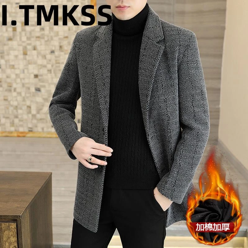 2026冬季新款中年毛呢大衣男士外套西装领中长款休闲风衣加绒加厚