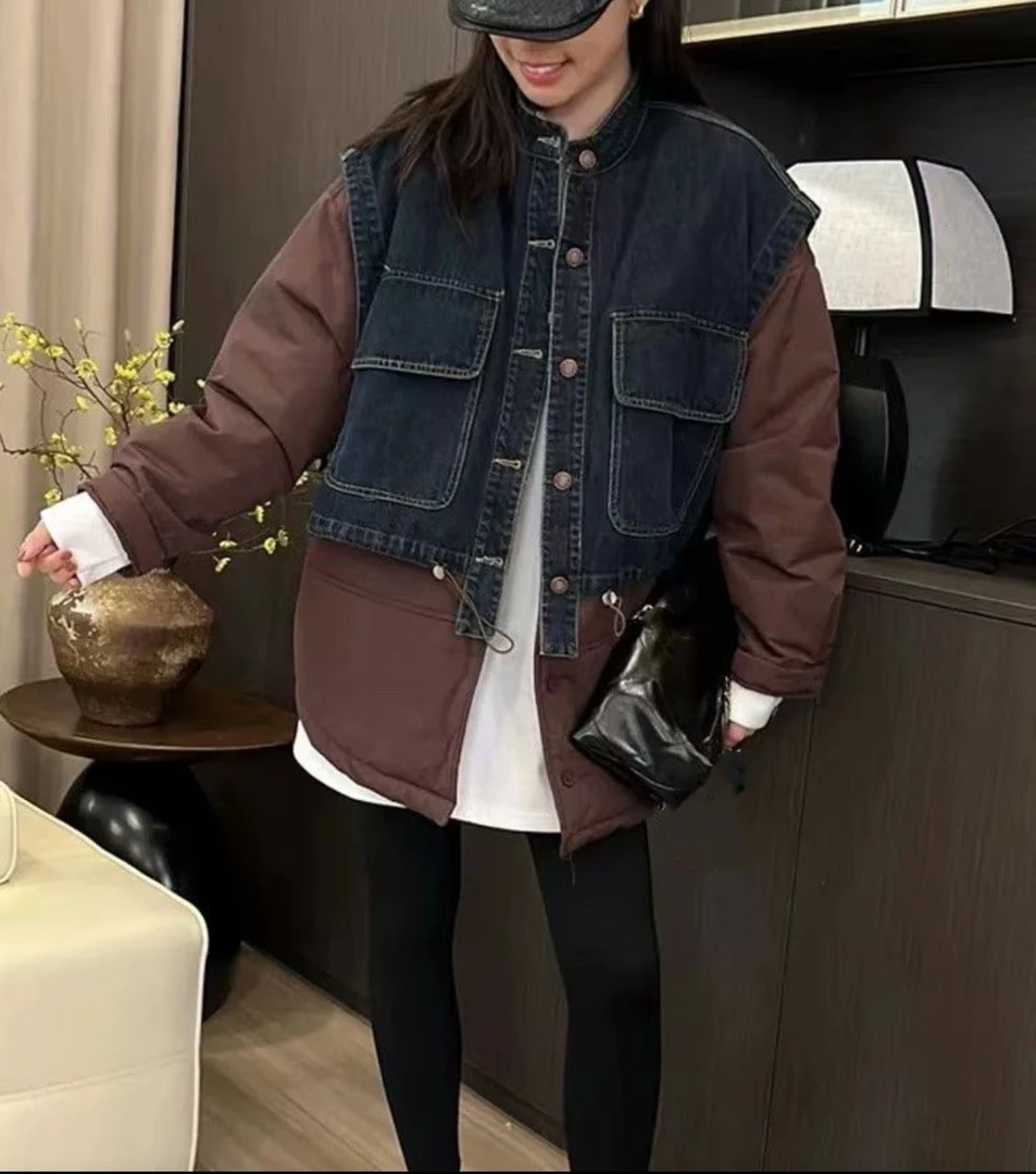 奇奇家时尚韩版大码女装2025新款薄棉牛仔拼接假两件保暖休闲外套
