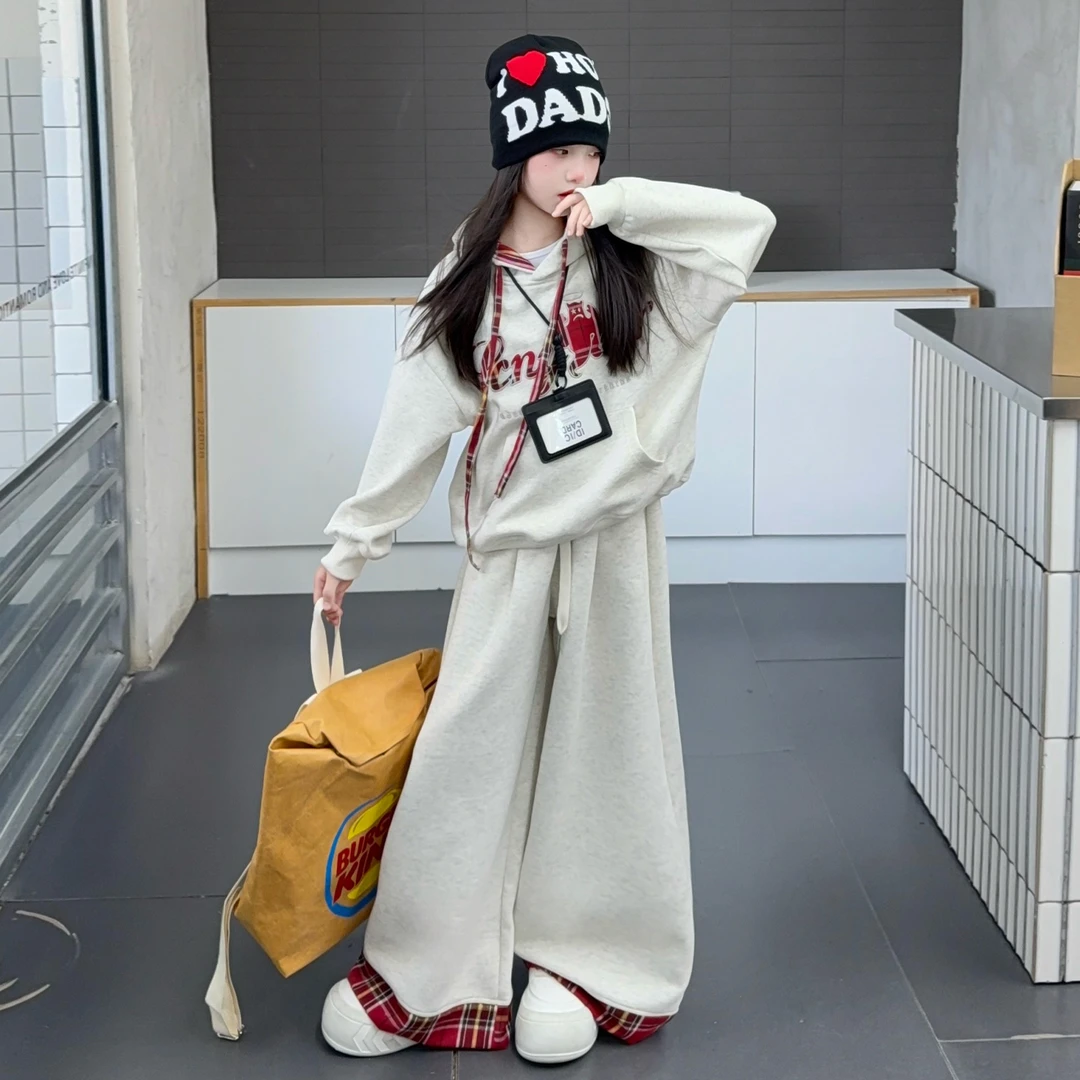女童套装时尚洋气运动休闲连帽卫衣格子拼色阔腿裤两件套2025秋