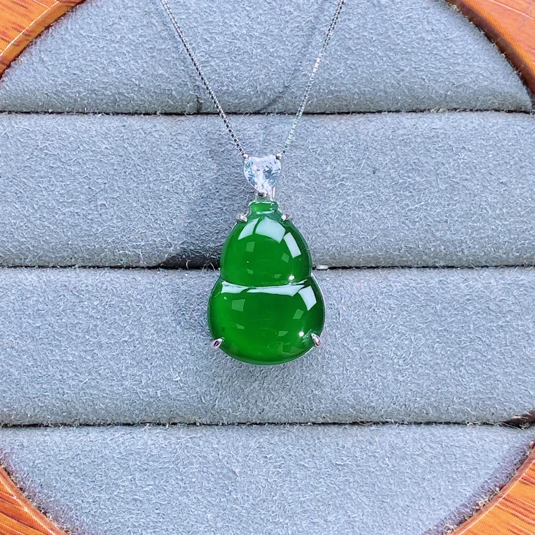 天然翡翠A货百搭时尚设计款葫芦吊坠通体S925银镶嵌17.5*12.8*2.3