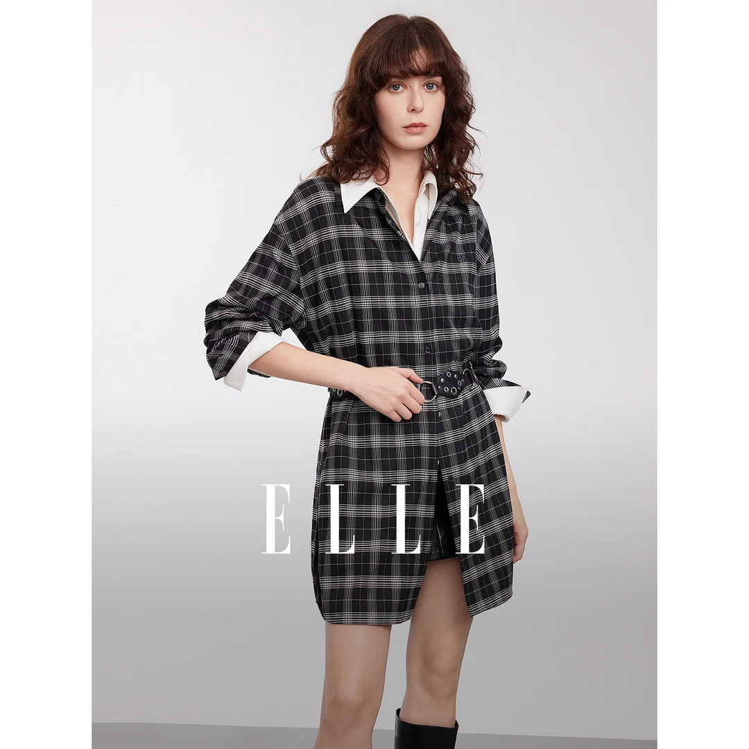 ELLE慵懒宽松黑白格翻领衬衫女2025春季新款衬衣简约上衣EC51065