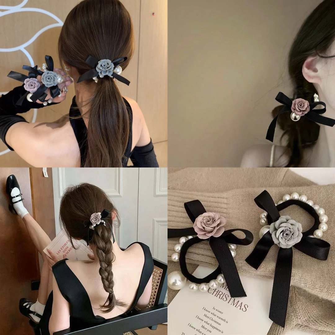 法式气质玫瑰花钉珠发圈时尚百搭蝴蝶结头绳绑发皮筋马尾发绳头饰