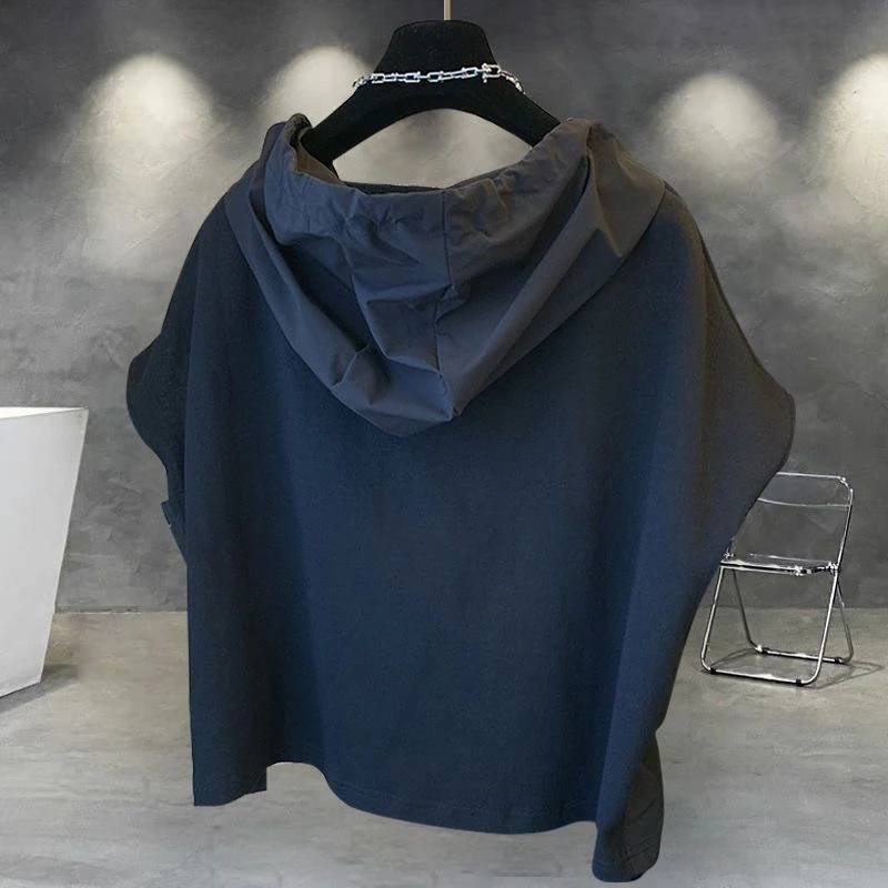 潮牌连帽短袖t恤夏季潮流帅气纯色拉链拼接无袖上衣ins休闲宽松男