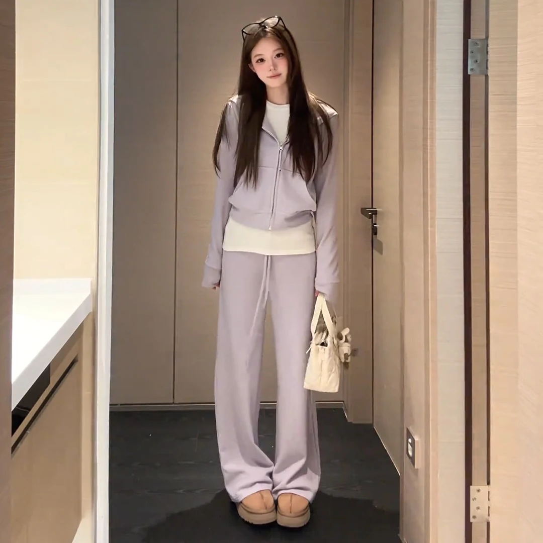 2026新款休闲运动紫色卫衣套装女秋冬小个子显高穿搭阔腿裤两件套
