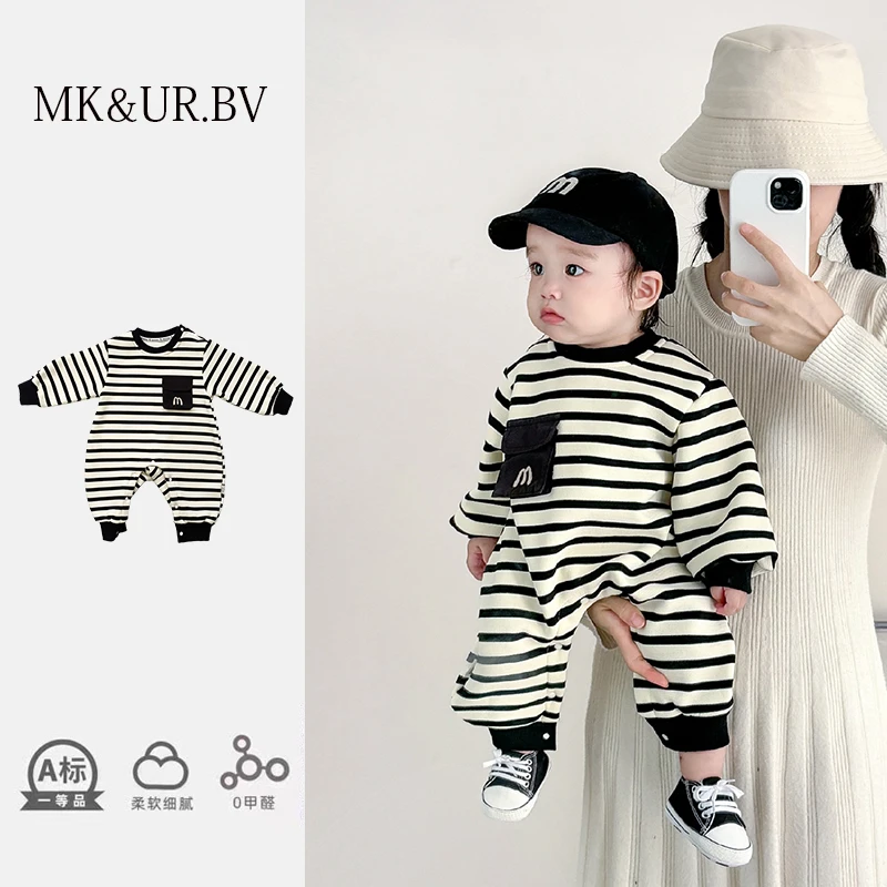 MK&UR.BV婴儿衣服条纹连体衣冬季装款男女宝宝超萌外出穿哈衣加绒