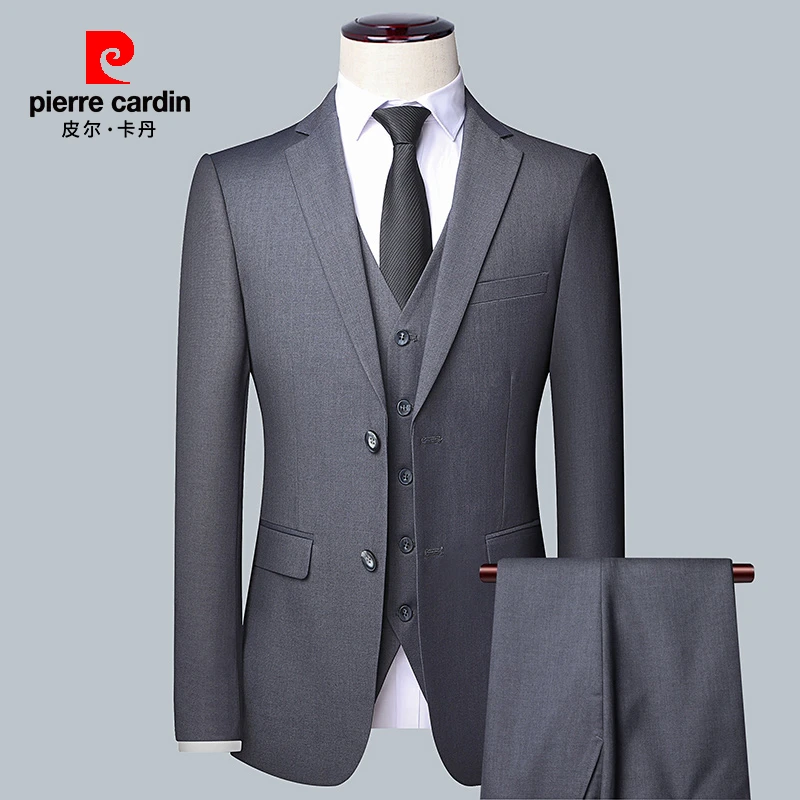 皮尔卡丹纯色修身单开叉西服三件套装春秋款男商务正装结婚礼服