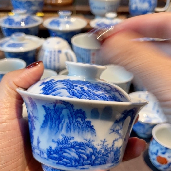 定风波山水内绘盖碗盖碗