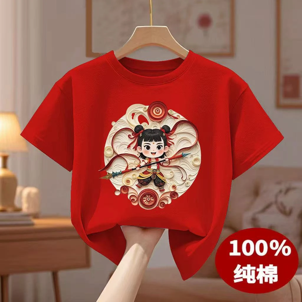纯棉韩版短袖t恤小孩男童女童夏季夏装红色洋气宝宝衣服儿童上衣