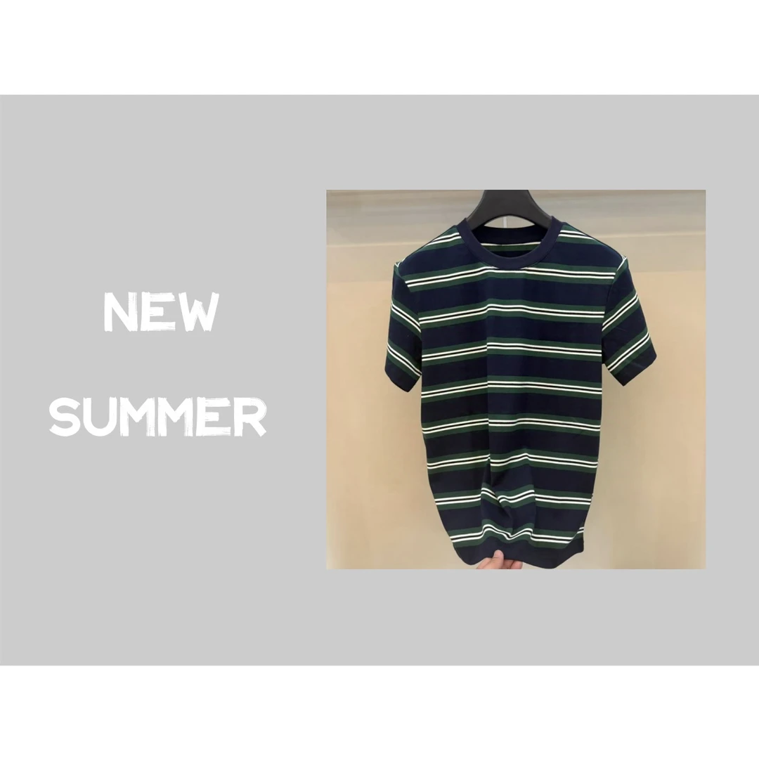 潮流条纹短袖圆领宽松型条纹T恤百搭时尚上衣短袖6064小越