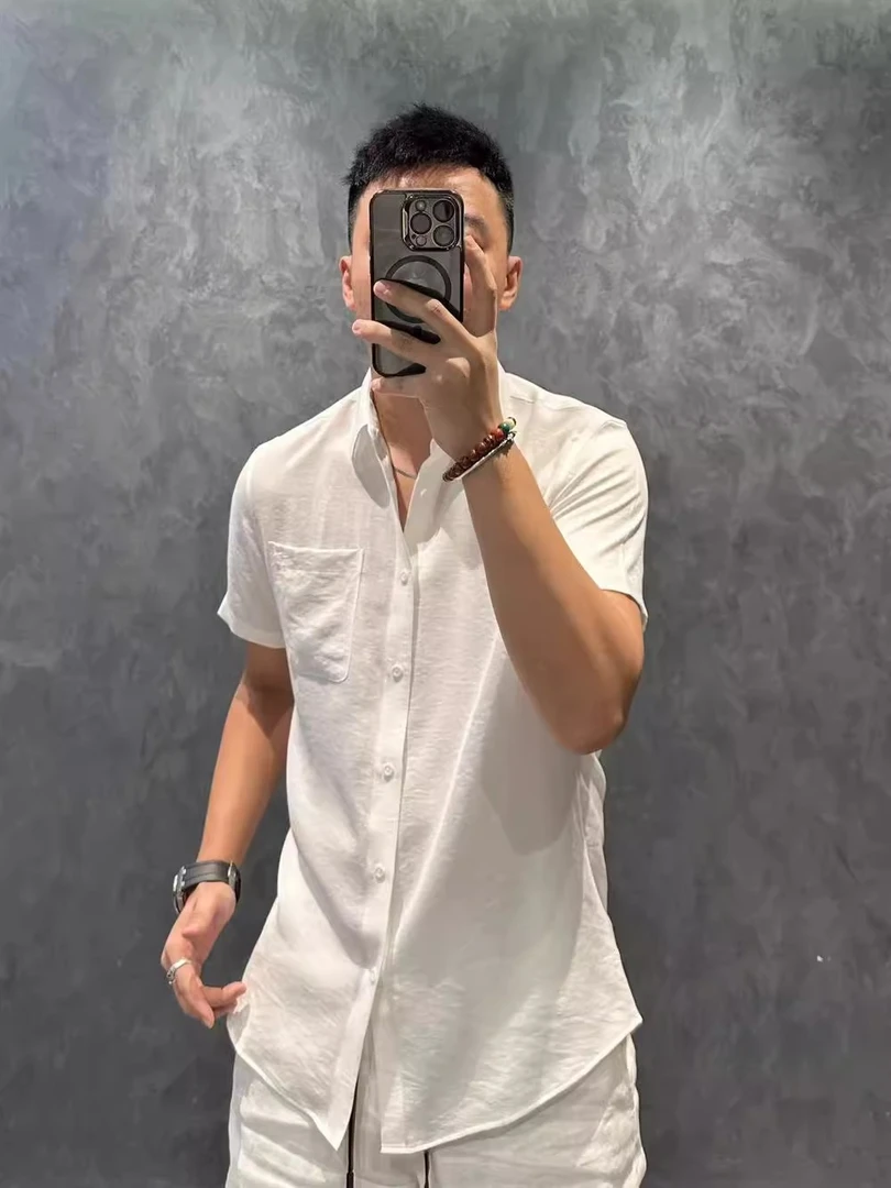 轻奢时尚口袋短袖亚麻衬衫男士夏季新款百搭宽松休闲翻领半袖衬衣