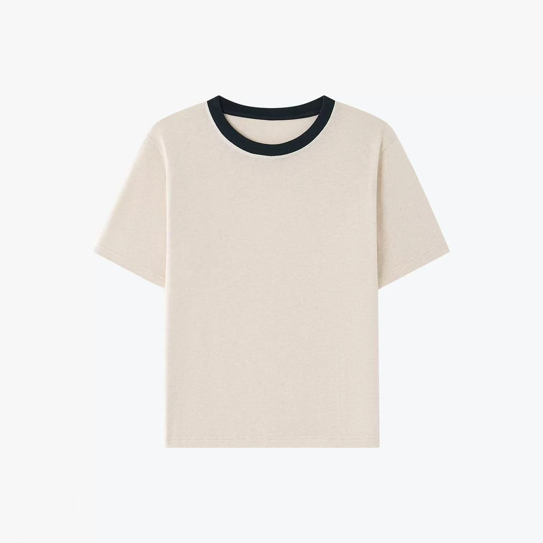 雨露亚麻天丝针织条纹T恤撞色短袖简约爆款上衣&9756