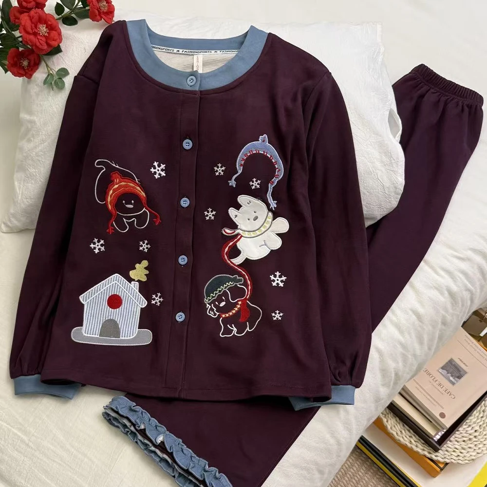 睡衣女士冬季暖绒开衫长袖长裤休闲甜美宽松大码可外穿家居服套装