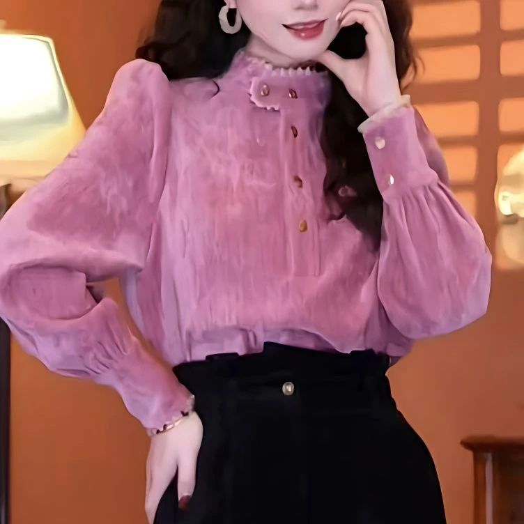 523斜纹磨毛港风复古衬衫女冬季高级气质新款衬衣小众独特上衣