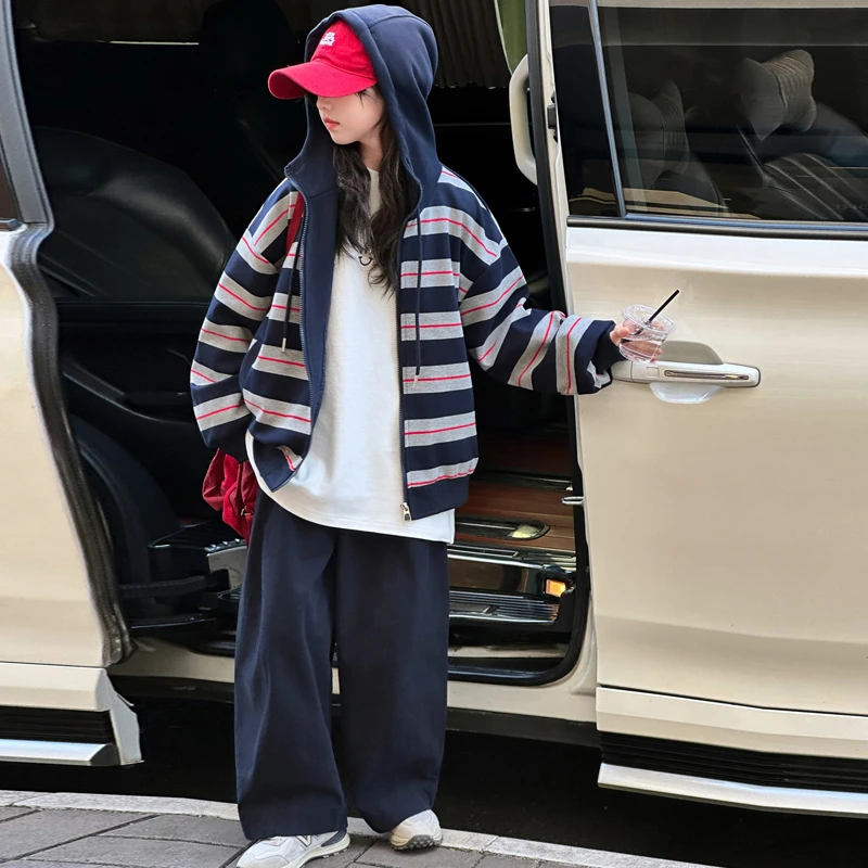 女童外套秋季2025新款洋气韩版儿童连帽条纹休闲上衣春秋大童衣服