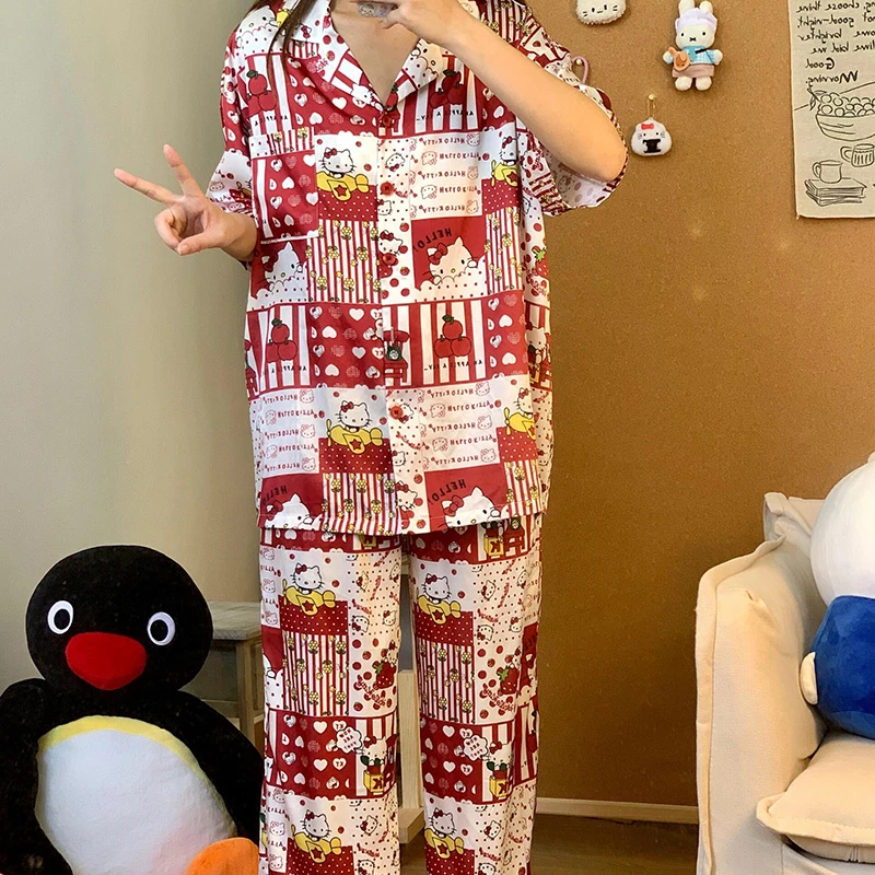 侘町2025年新款草莓珍珠kitty短袖长裤睡衣女夏天冰丝家居服夏款